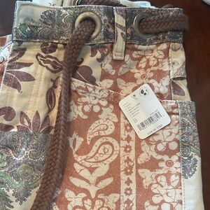 Free People Peach Floral Patchwork Jeans with Brown Rope Belt